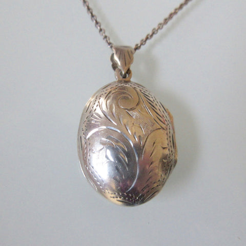 Etched Sterling Silver Oval Locket and Chain