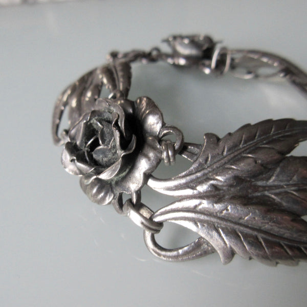 Ornate Flora Sterling Silver Hinged Bracelet