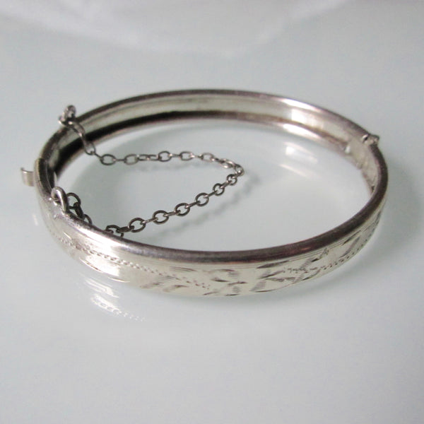 Vintage Childs Etched Silver Hinged Bracelet Cuff
