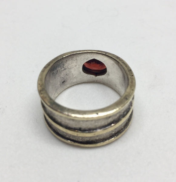 Modernist Silver Gold Edge and Red Stone Ring